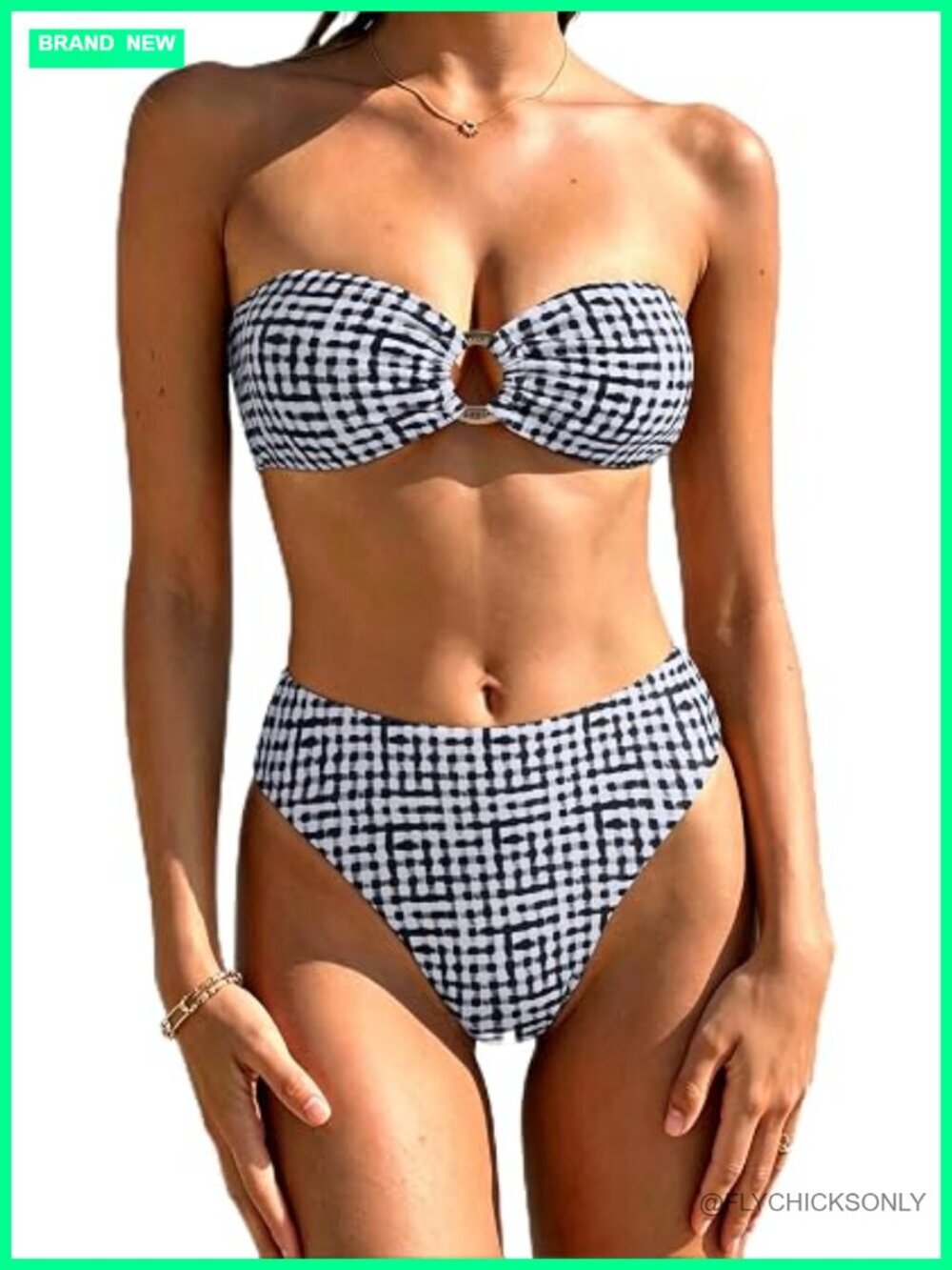 Bandeau O Ring Bikini Sets Tie Back High Waisted 2 Piece Swimsuit